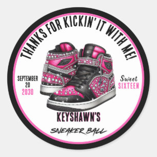 Hot Pink & Black Glitter Sneaker Ball Birthday Classic Round Sticker