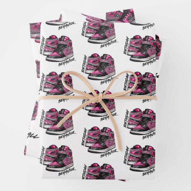 Hot Pink & Black Glitter Sneaker Ball Birthday Wrapping Paper Sheet (In situ)