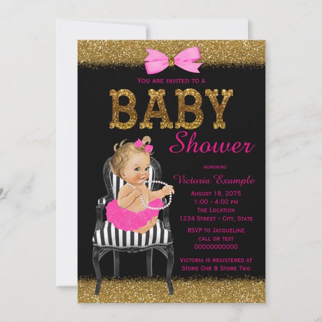 Hot Pink Black Gold Chic Chair Girl Baby Shower Invitation (Front)