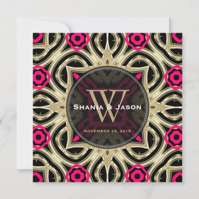 Hot Pink Black Gold Modern Wedding Invitation (Front)