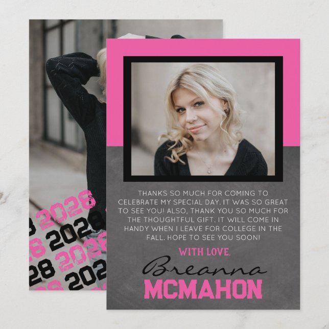 Hot Pink & Black Graduation 2 Photo Thank You Card (Front/Back)