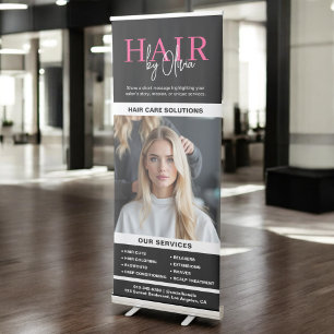 Hot Pink Black Hair Salon Monogram Services Photo Retractable Banner
