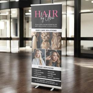 Hot Pink Black Hair Salon Monogram Services Photo Retractable Banner