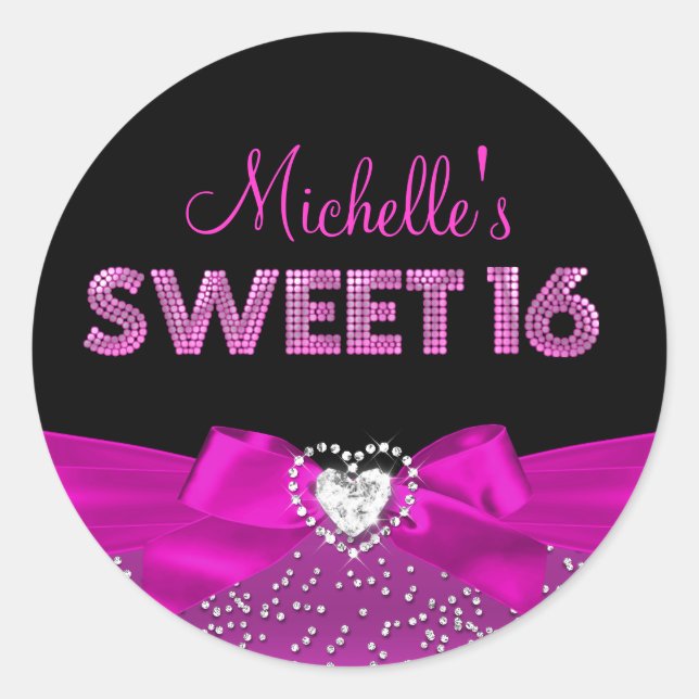 Hot Pink & Black Heart Bow Sweet Sixteen Sticker (Front)