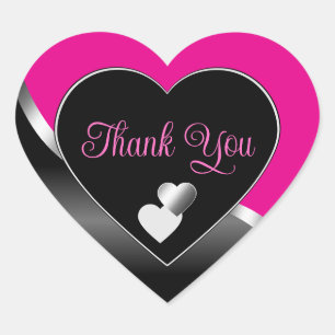 Hot Pink Black Hearts with Wavy Silver Thank You Heart Sticker
