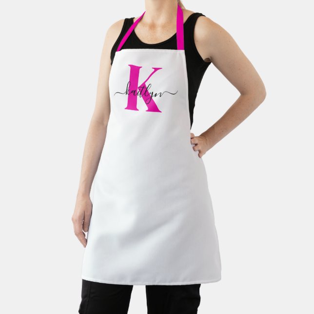 Hot Pink Black Initial Name Monogrammed Apron (Insitu)