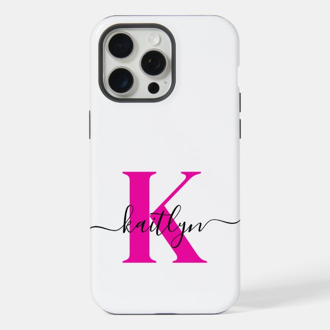 Hot Pink Black Initial Name Monogrammed iPhone Case (Back)