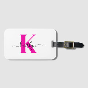 Hot Pink Black Initial Name Monogrammed Luggage Tag