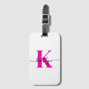 Hot Pink Black Initial Name Monogrammed Luggage Tag
