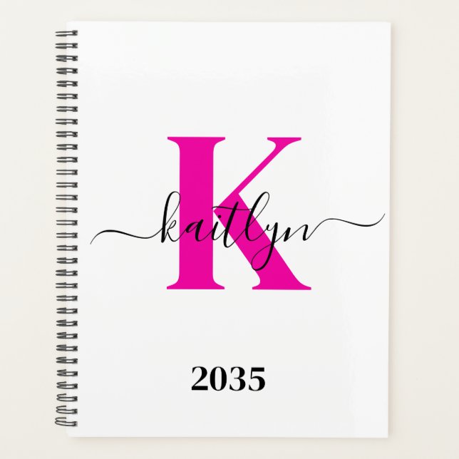 Hot Pink Black Initial Name Monogrammed Planner (Front)