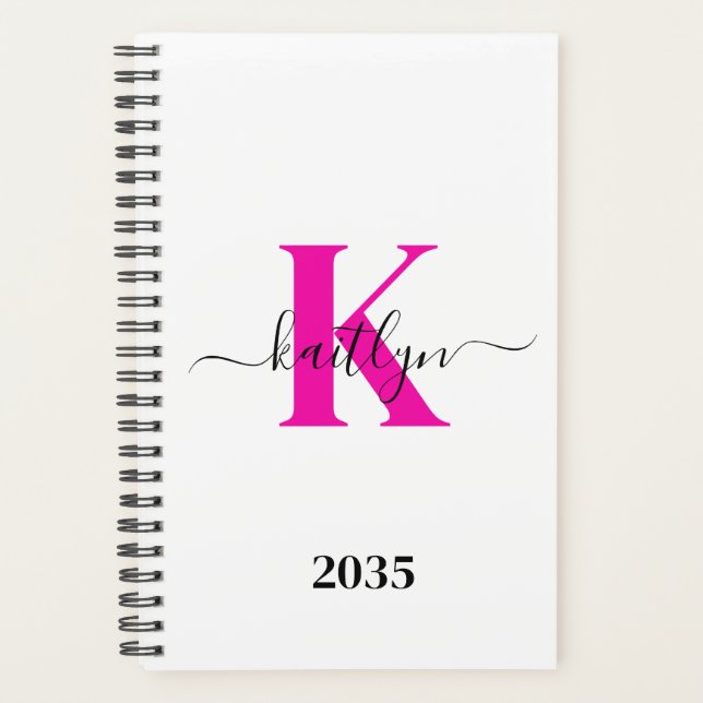 Hot Pink Black Initial Name Monogrammed Planner (Front)