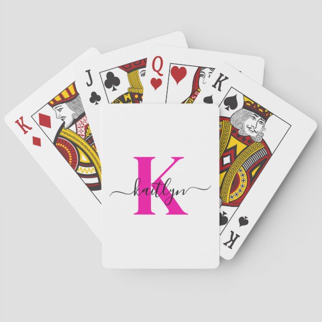 Hot Pink Black Initial Name Monogrammed Playing Cards (Back)