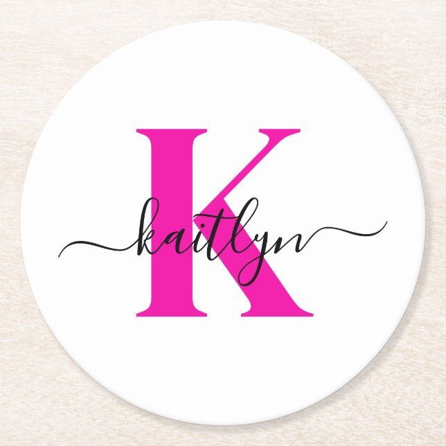 Hot Pink Black Initial Name Monogrammed Round Paper Coaster (Front)