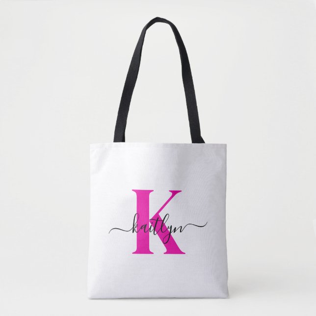 Hot Pink Black Initial Name Monogrammed Tote Bag (Front)