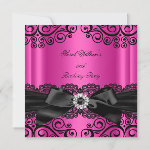 Hot Pink Black Lace Bow Birthday Party Invitation