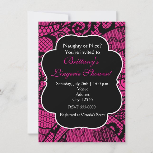 Hot Pink & Black Lace Lingerie Shower Invitation (Front)