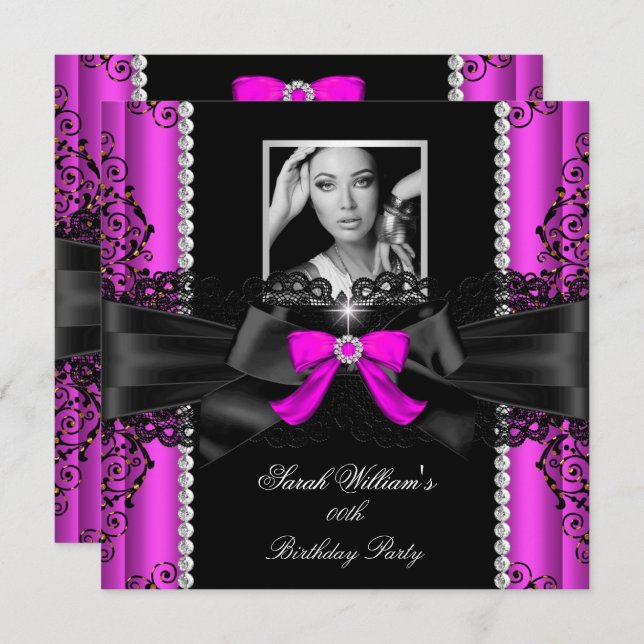 Hot Pink Black Lace Photo Birthday Party Invitation (Front/Back)
