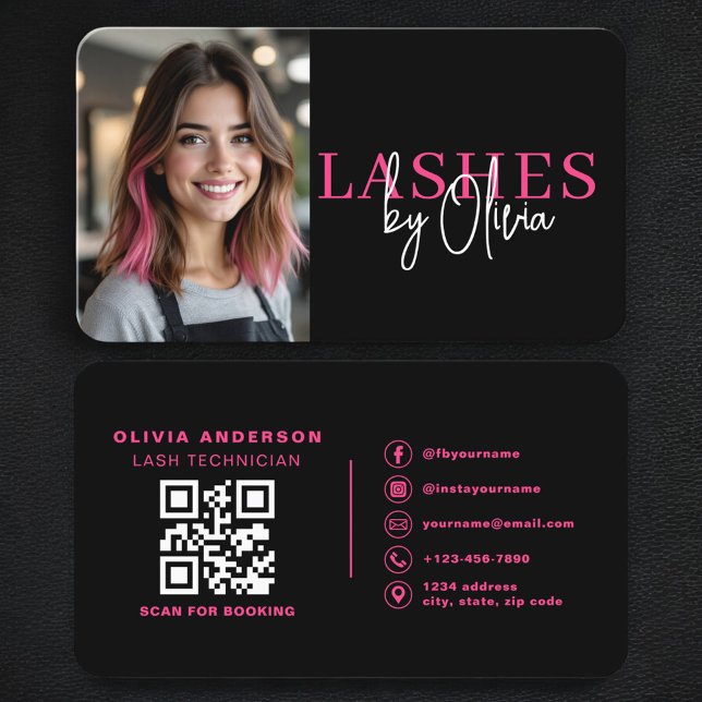 Hot Pink Black Lash Technician Photo QR Code Business Card (Creator Uploaded)