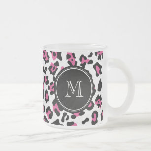 Hot Pink Black Leopard Animal Print with Monogram Frosted Glass Coffee Mug