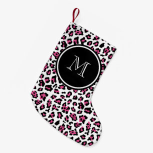Hot Pink Black Leopard Animal Print with Monogram Small Christmas Stocking