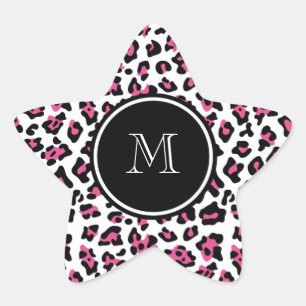 Hot Pink Black Leopard Animal Print with Monogram Star Sticker