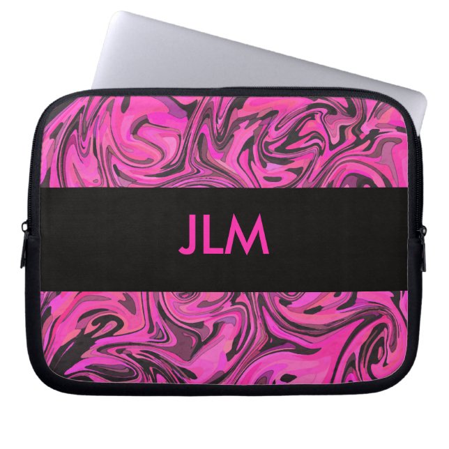Hot Pink & Black Liquid Swirl Laptop Sleeve (Front)