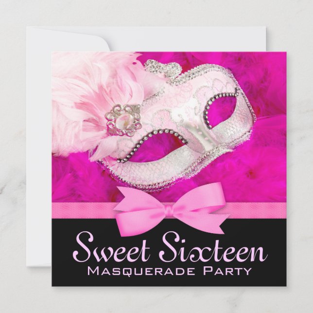 Hot Pink Black Masquerade Party Invitations (Front)