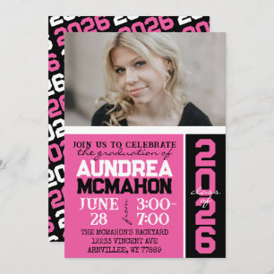 Hot Pink & Black Modern Graduation Photo Invitation