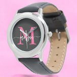 Hot Pink Black Modern Script Girls Monogram Name Watch<br><div class="desc">Accessorise with elegance using our Hot Pink Modern Script Girls Monogram Name Watch! This stylish timepiece features a vibrant hot pink face, personalised with your name in a chic modern script for a unique, custom look. Perfect for adding a pop of colour to any outfit, it combines fashion with functionality....</div>