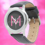 Hot Pink Black Modern Script Girls Monogram Name Watch<br><div class="desc">Accessorise with elegance using our Hot Pink Modern Script Girls Monogram Name Watch! This stylish timepiece features a vibrant hot pink face, personalised with your name in a chic modern script for a unique, custom look. Perfect for adding a pop of colour to any outfit, it combines fashion with functionality....</div>