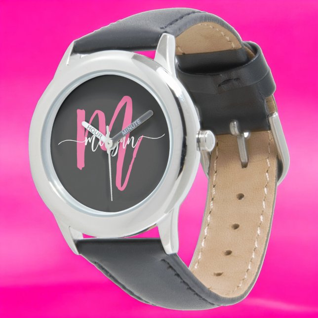 Hot Pink Black Modern Script Girls Monogram Name Watch (Creator Uploaded)