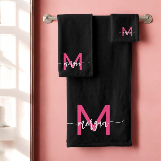 Hot Pink Black Modern Script Girly Monogram Name Bath Towel Set (Creator Uploaded)