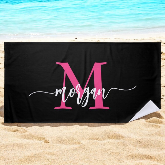 Hot Pink Black Modern Script Girly Monogram Name Beach Towel (Creator Uploaded)