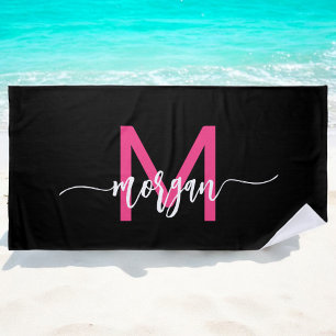 Hot Pink Black Modern Script Girly Monogram Name Beach Towel