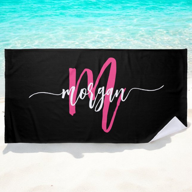 Hot Pink Black Modern Script Girly Monogram Name Beach Towel (Creator Uploaded)