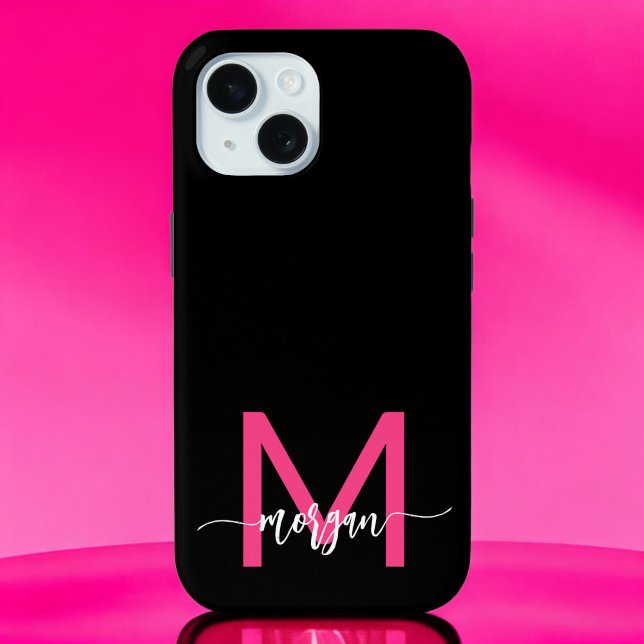 Hot Pink Black Modern Script Girly Monogram Name Case-Mate iPhone Case (Creator Uploaded)