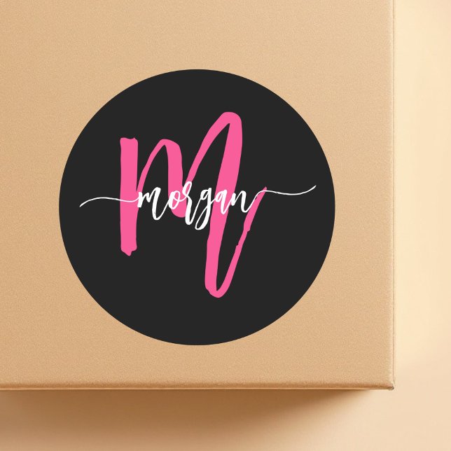 Hot Pink Black Modern Script Girly Monogram Name Classic Round Sticker (Creator Uploaded)