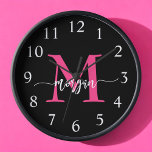 Hot Pink Black Modern Script Girly Monogram Name  Clock<br><div class="desc">Make a bold statement in your space with our Hot Pink Modern Script Girly Monogram Name Large Clock! Featuring a vibrant hot pink design and personalised with your name in an elegant modern script, this clock adds a stylish and personal touch to any room. Perfect for bedrooms, offices, or living...</div>