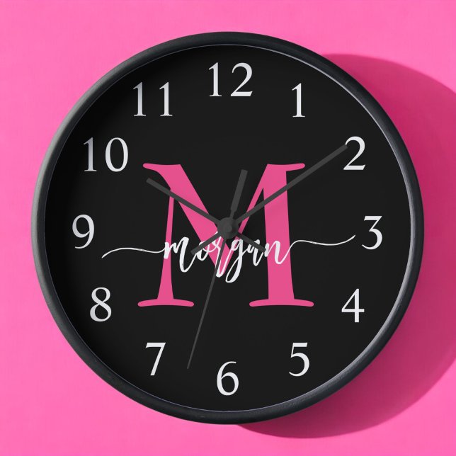 Hot Pink Black Modern Script Girly Monogram Name  Clock (Creator Uploaded)