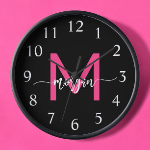 Hot Pink Black Modern Script Girly Monogram Name  Clock