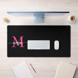 Hot Pink Black Modern Script Girly Monogram Name Desk Mat
