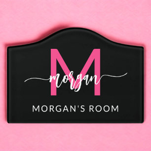 Hot Pink Black Modern Script Girly Monogram Name Door Sign