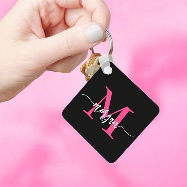 Hot Pink Black Modern Script Girly Monogram Name Key Ring (Creator Uploaded)