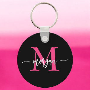 Hot Pink Black Modern Script Girly Monogram Name Key Ring