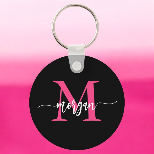Hot Pink Black Modern Script Girly Monogram Name Key Ring (Creator Uploaded)