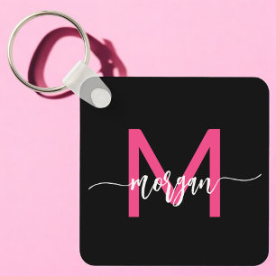 Hot Pink Black Modern Script Girly Monogram Name Key Ring