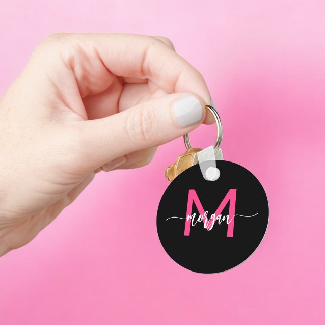 Hot Pink Black Modern Script Girly Monogram Name Key Ring (Creator Uploaded)