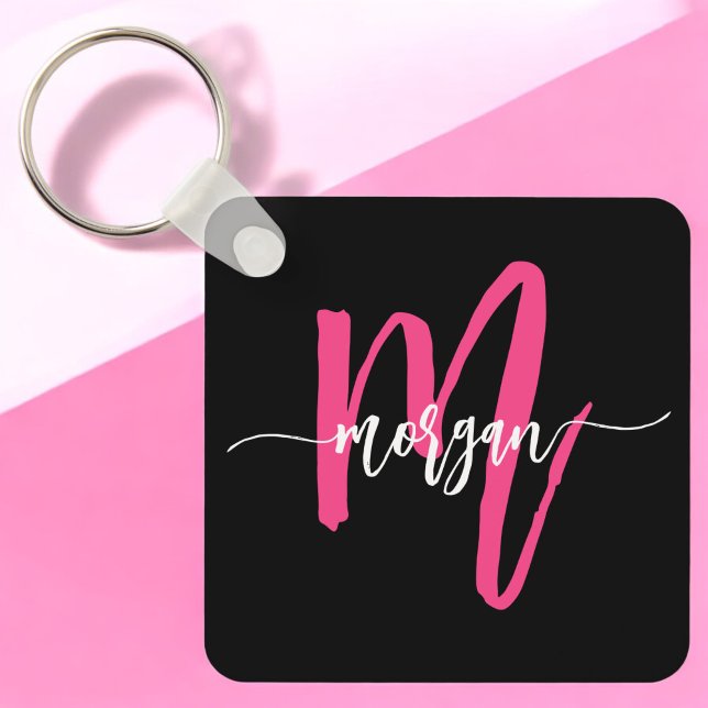 Hot Pink Black Modern Script Girly Monogram Name Key Ring (Creator Uploaded)
