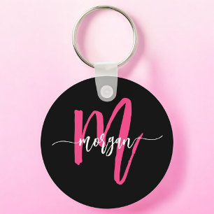 Hot Pink Black Modern Script Girly Monogram Name Key Ring