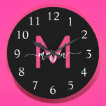 Hot Pink Black Modern Script Girly Monogram Name  Large Clock<br><div class="desc">Make a bold statement in your space with our Hot Pink Modern Script Girly Monogram Name Large Clock! Featuring a vibrant hot pink design and personalised with your name in an elegant modern script, this clock adds a stylish and personal touch to any room. Perfect for bedrooms, offices, or living...</div>